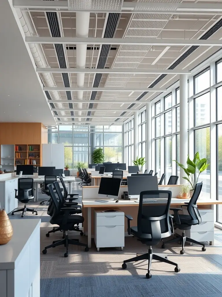 A brightly lit, modern office space with collaborative workstations and a reception area, showcasing a commercial interior design project by FormNest Design Studio.