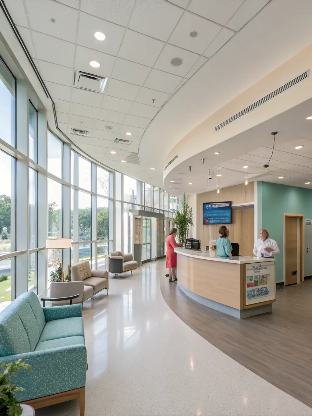 A contemporary healthcare clinic interior with comfortable waiting areas, private consultation rooms, and a calming color scheme, demonstrating a commercial healthcare design project by FormNest Design Studio.