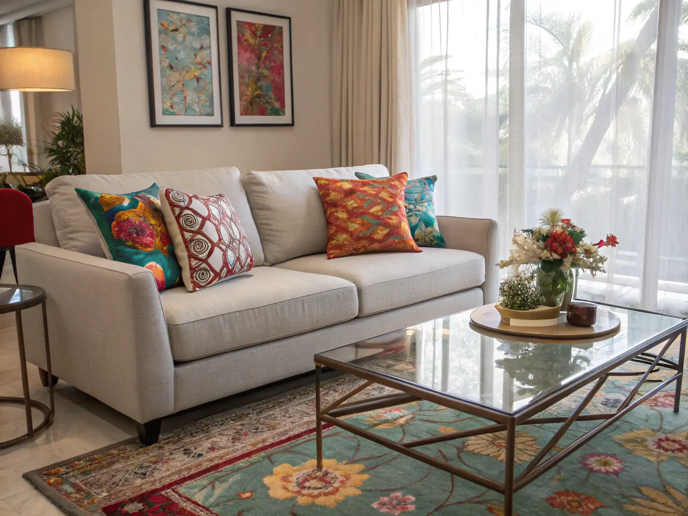 High-resolution image of a modern residential living room with natural light and elegant decor, showcasing FormNest Design Studio's residential design service.