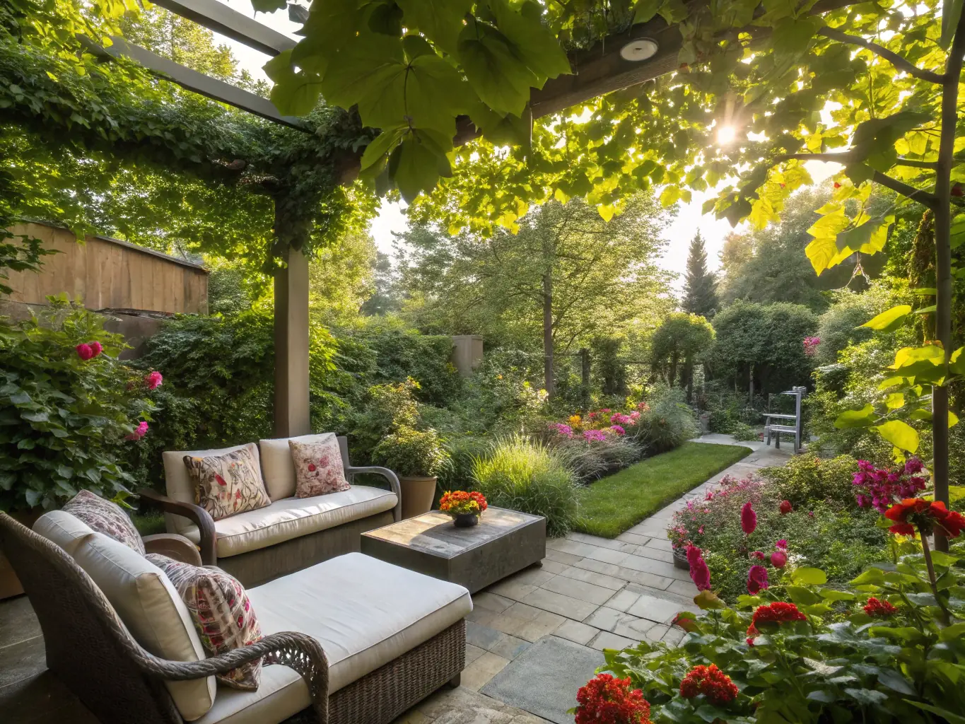 High-resolution image of a lush outdoor garden with modern outdoor furniture, illustrating FormNest Design Studio's interior and landscape design service.