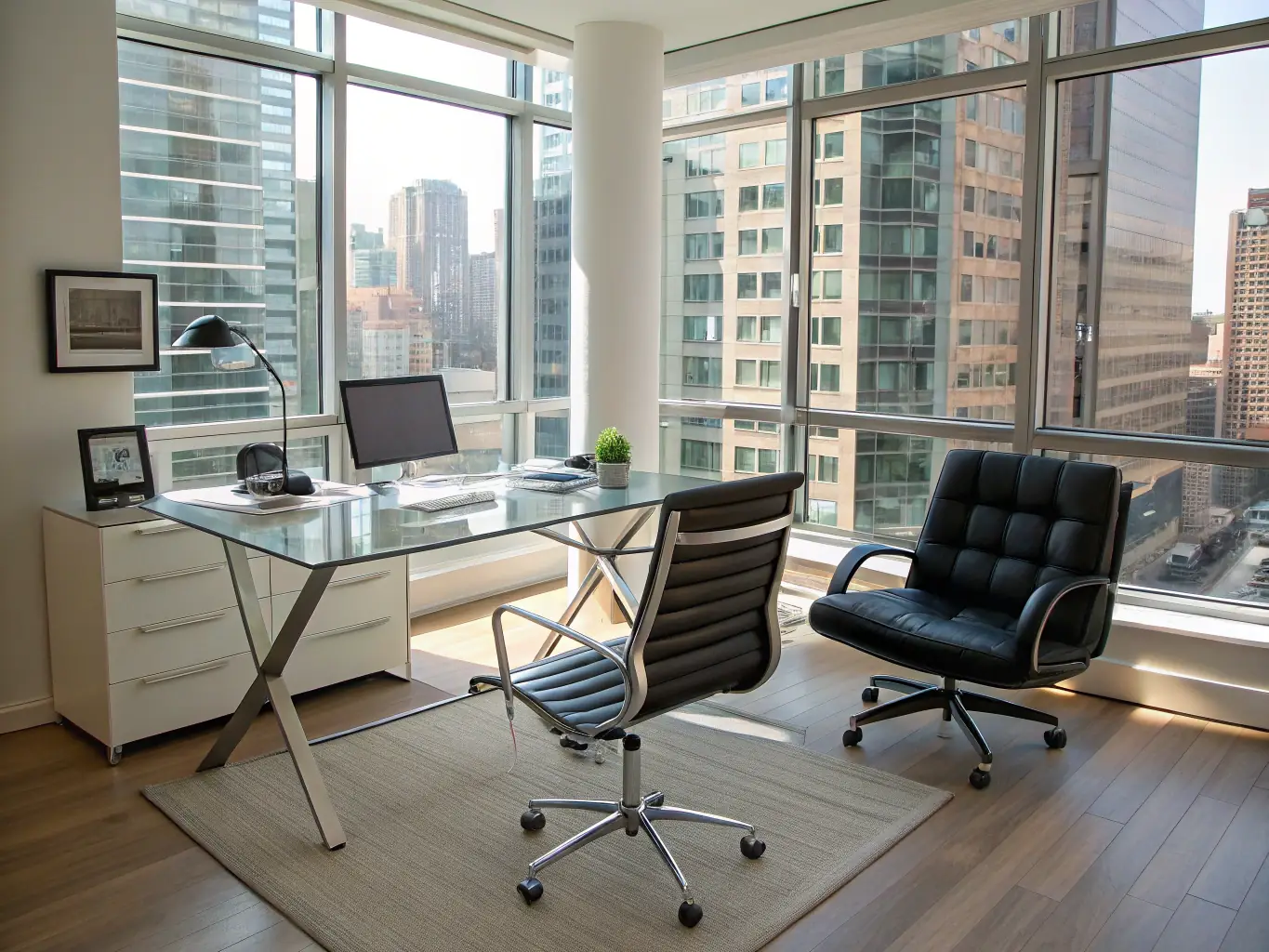 High-resolution image of a sleek, modern office interior with open-plan layout and contemporary furnishings, representing FormNest Design Studio's commercial design service.