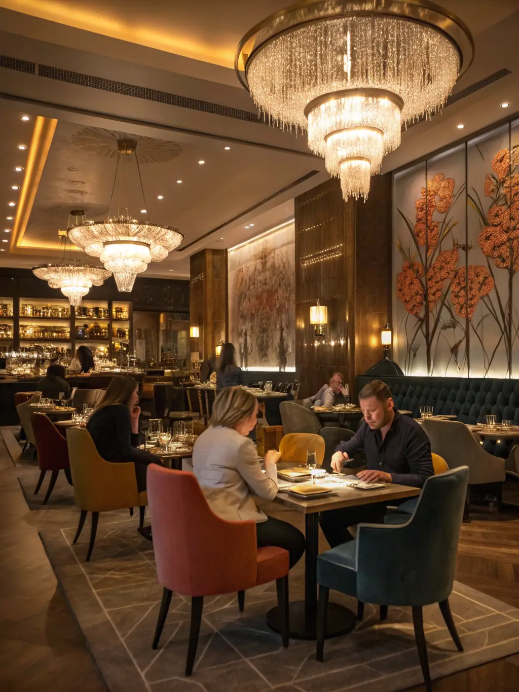 A modern restaurant interior with stylish seating, ambient lighting, and an open kitchen, representing a commercial hospitality design project by FormNest Design Studio.